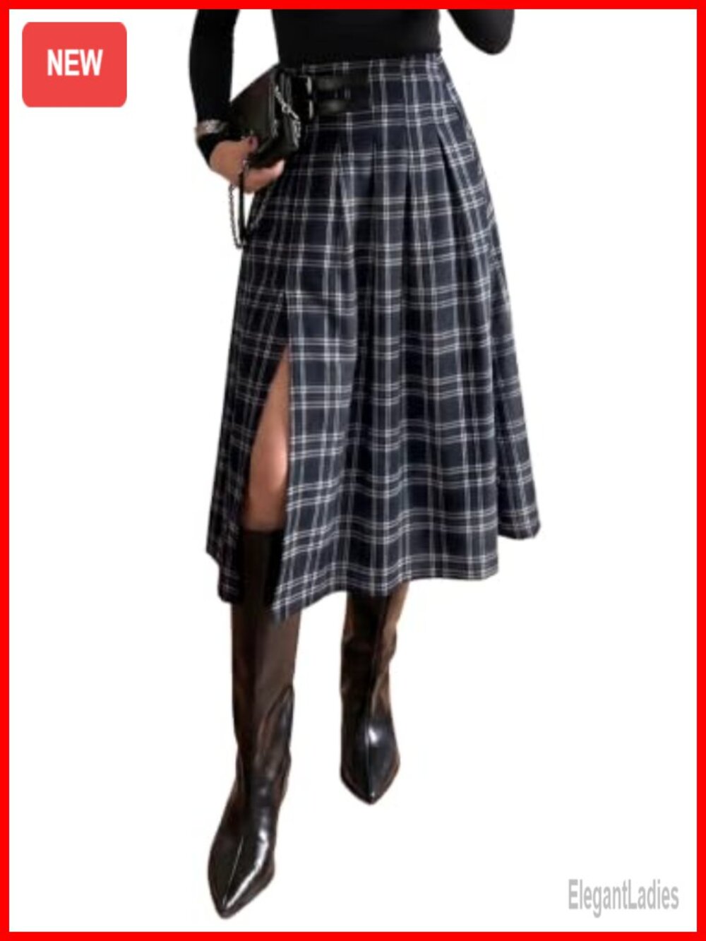 High Waist Side Slit Plaid Midi Skirt for Women A-Line